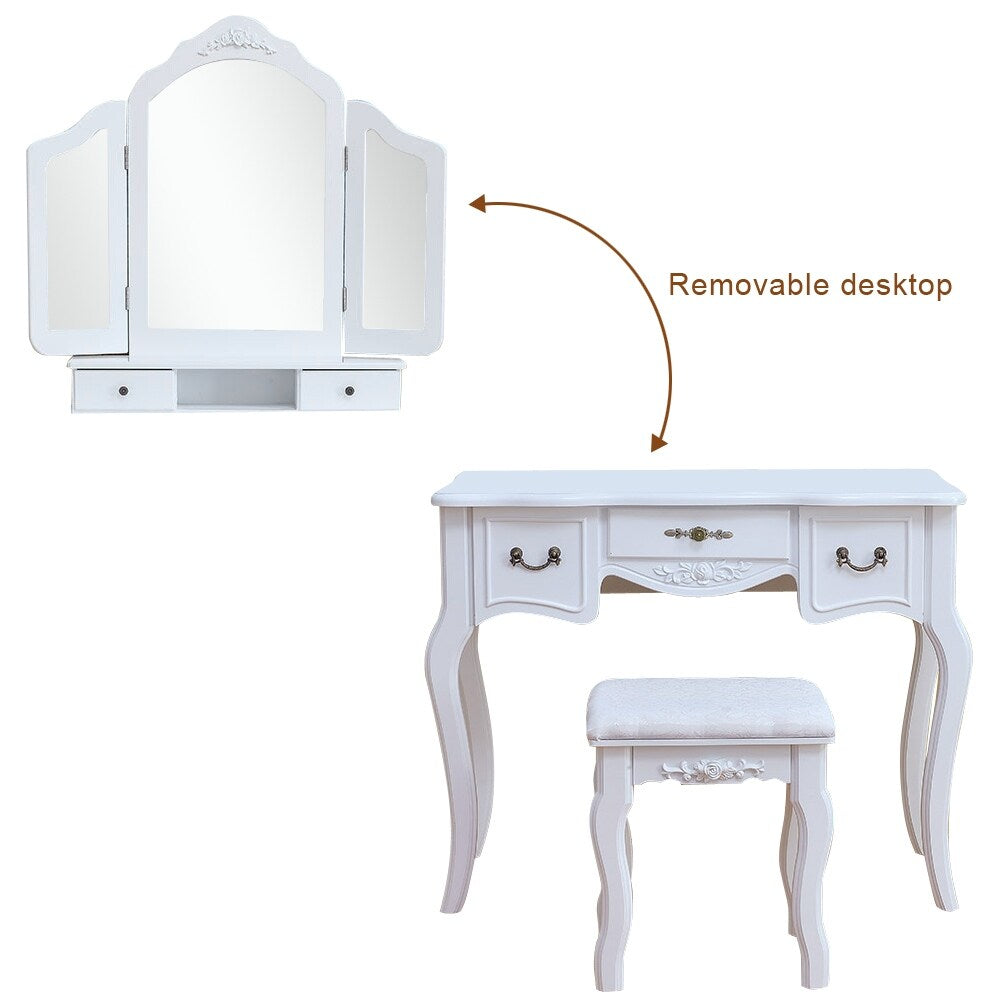 Tri-fold Mirror Dresser with Dressing Stool - N/A