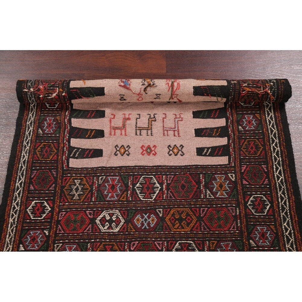 Tribal Animals Kilim Sumak Hand Woven Woolen Persian Carpet Rug - 6'1" x 3'3" runner