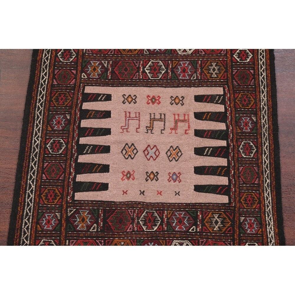 Tribal Animals Kilim Sumak Hand Woven Woolen Persian Carpet Rug - 6'1" x 3'3" runner