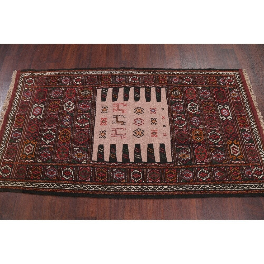 Tribal Animals Kilim Sumak Hand Woven Woolen Persian Carpet Rug - 6'1" x 3'3" runner