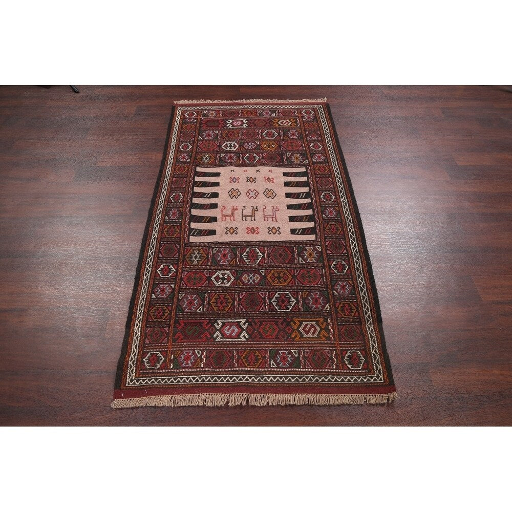 Tribal Animals Kilim Sumak Hand Woven Woolen Persian Carpet Rug - 6'1" x 3'3" runner