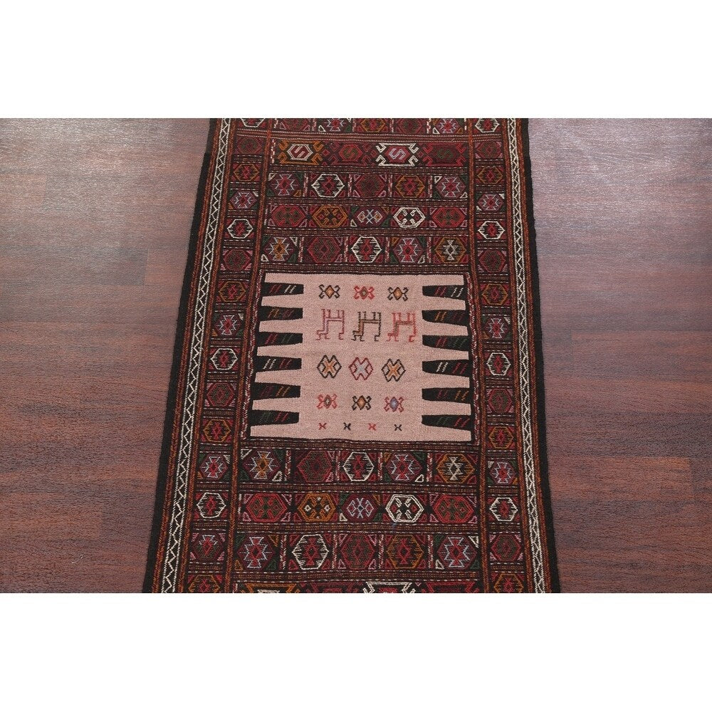 Tribal Animals Kilim Sumak Hand Woven Woolen Persian Carpet Rug - 6'1" x 3'3" runner