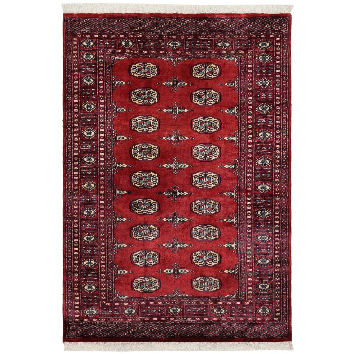 Tribal Bokhara Mercedes Red Blue Hand Knotted Rug - 4'1'' x 6'1''
