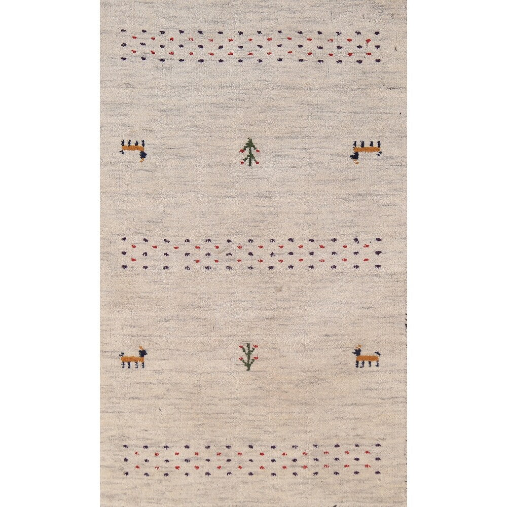 Tribal Ivory Gabbeh Oriental Foyer Rug Hand-Knotted Wool Carpet - 2'0
