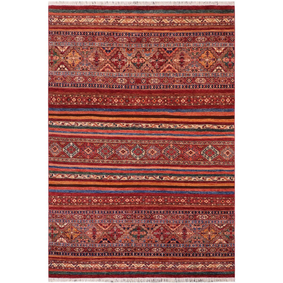 Tribal Khurgeen Helaine Red/Blue Hand-knotted Wool Rug - 5'6 x 7'10 -