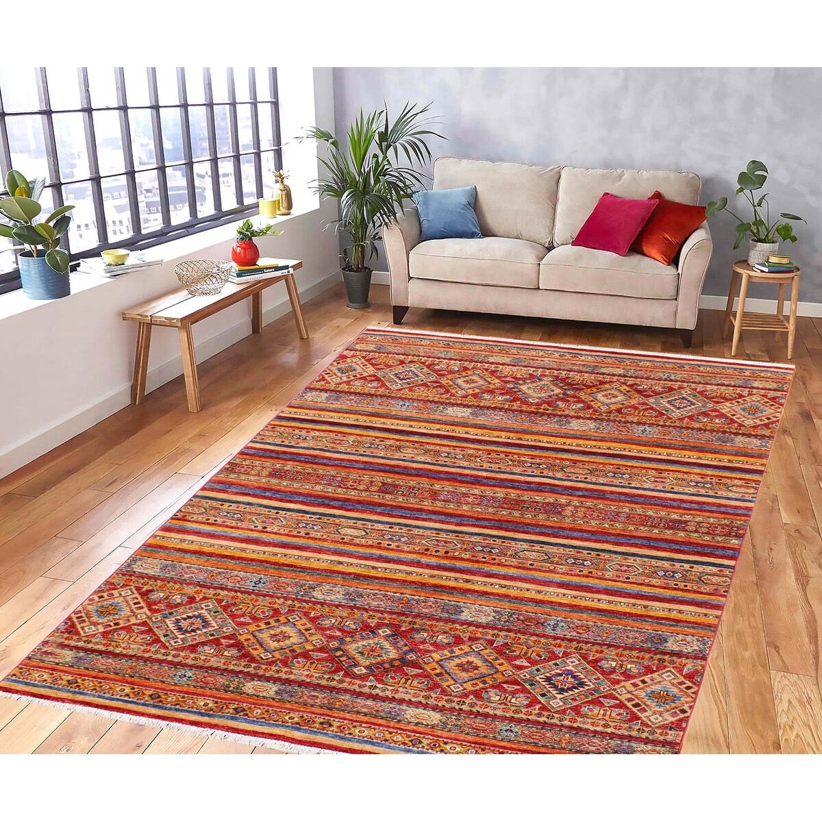Tribal Khurgeen Lula Red Blue Wool Rug - 5'7 x 8'2 - 5'7" x 8'2"