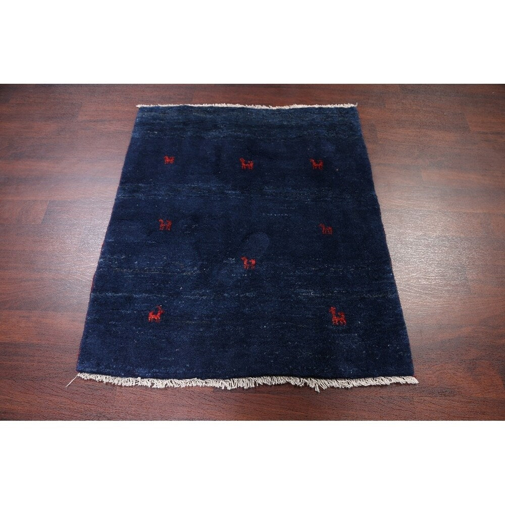 Tribal Royal Blue Gabbeh Shiraz Handmade Wool Persian Area Rug - 4'2" x 3'8" square