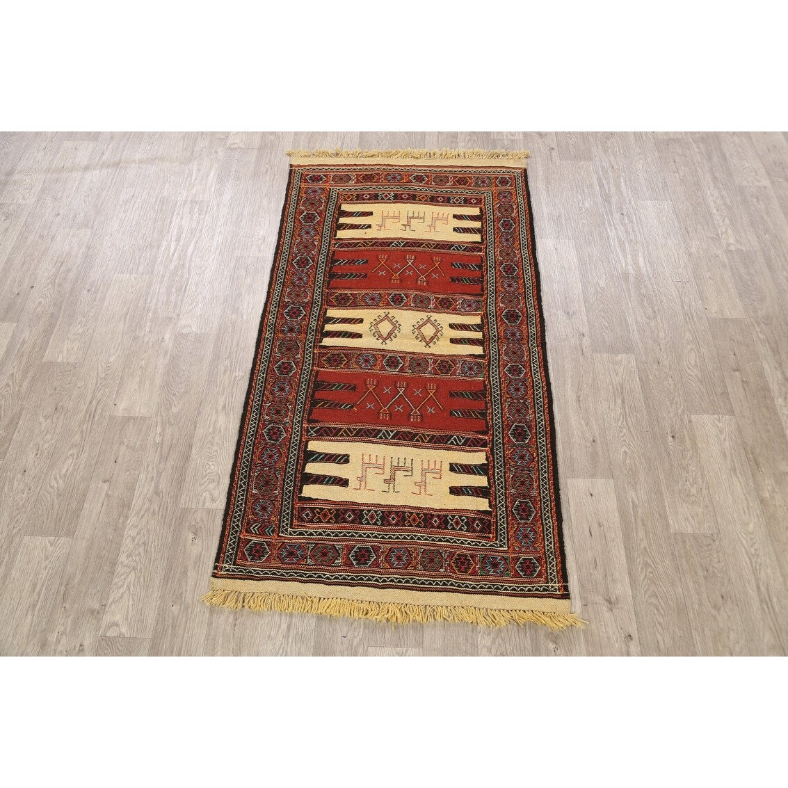 Tribal Sumak Kilim Persian Wool Area Rug Hand-Woven Kitchen Carpet - 3'2" x 6'0"