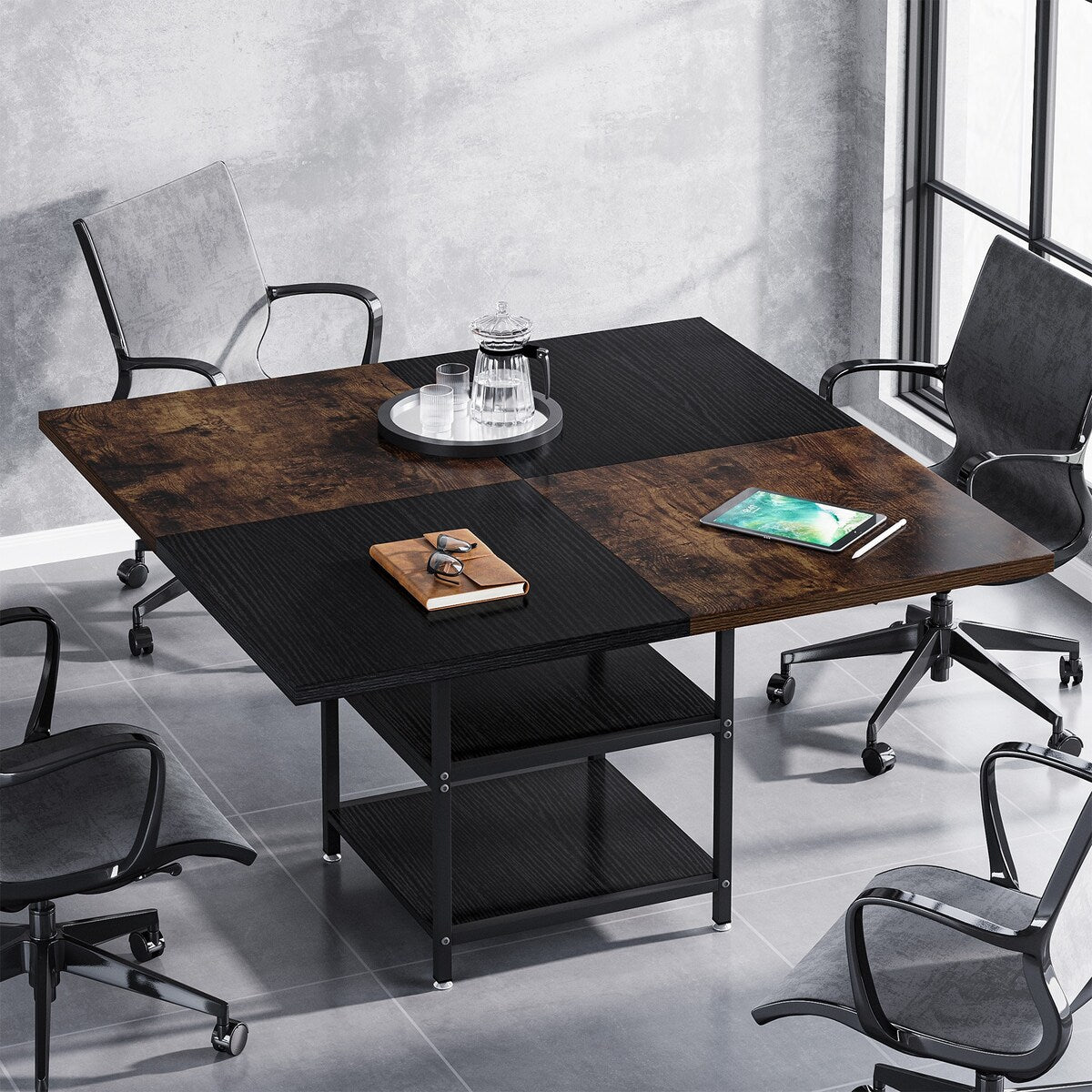 Tribesigns 47-Inch Square Conference Table, Rustic Brown and Black