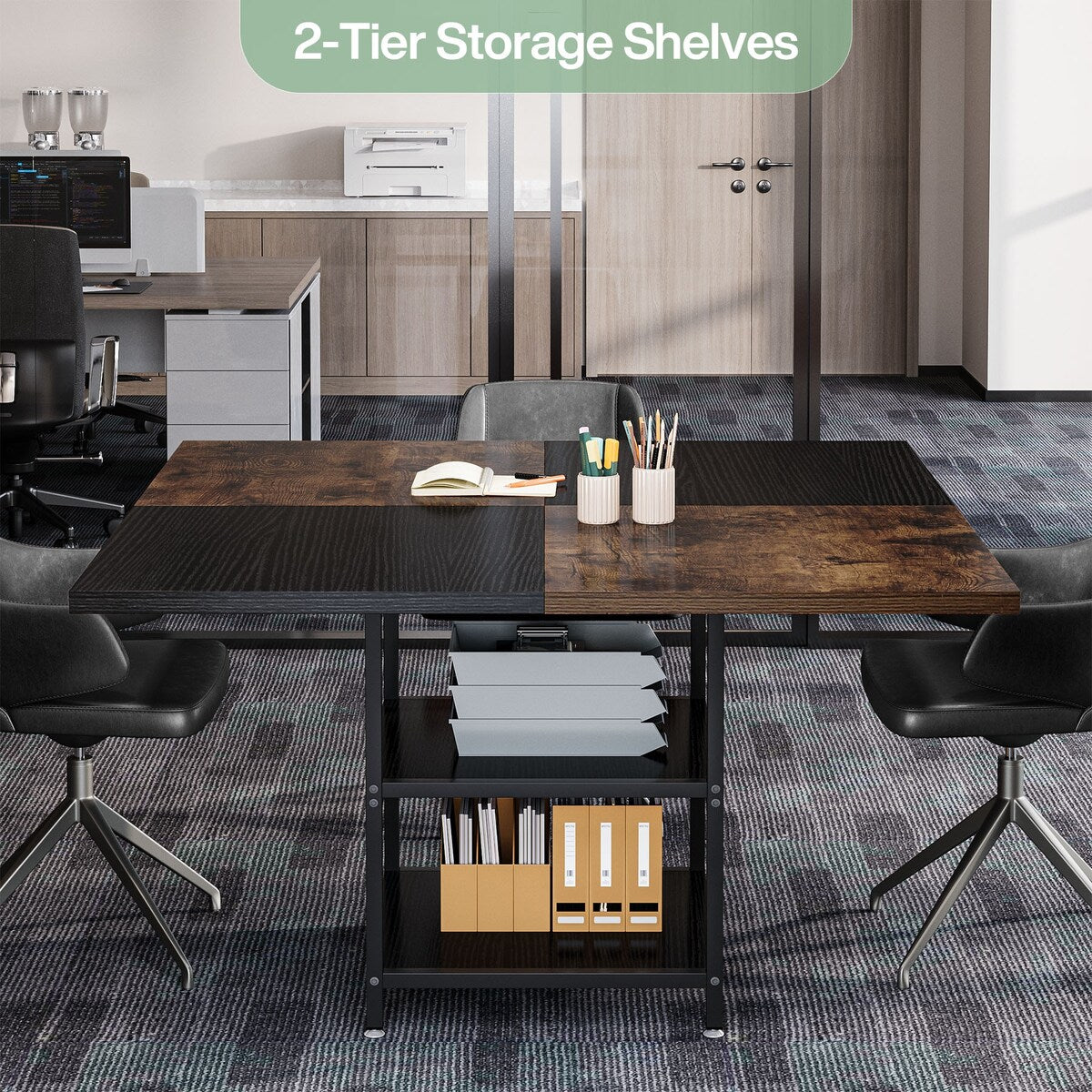Tribesigns 47-Inch Square Conference Table, Rustic Brown and Black