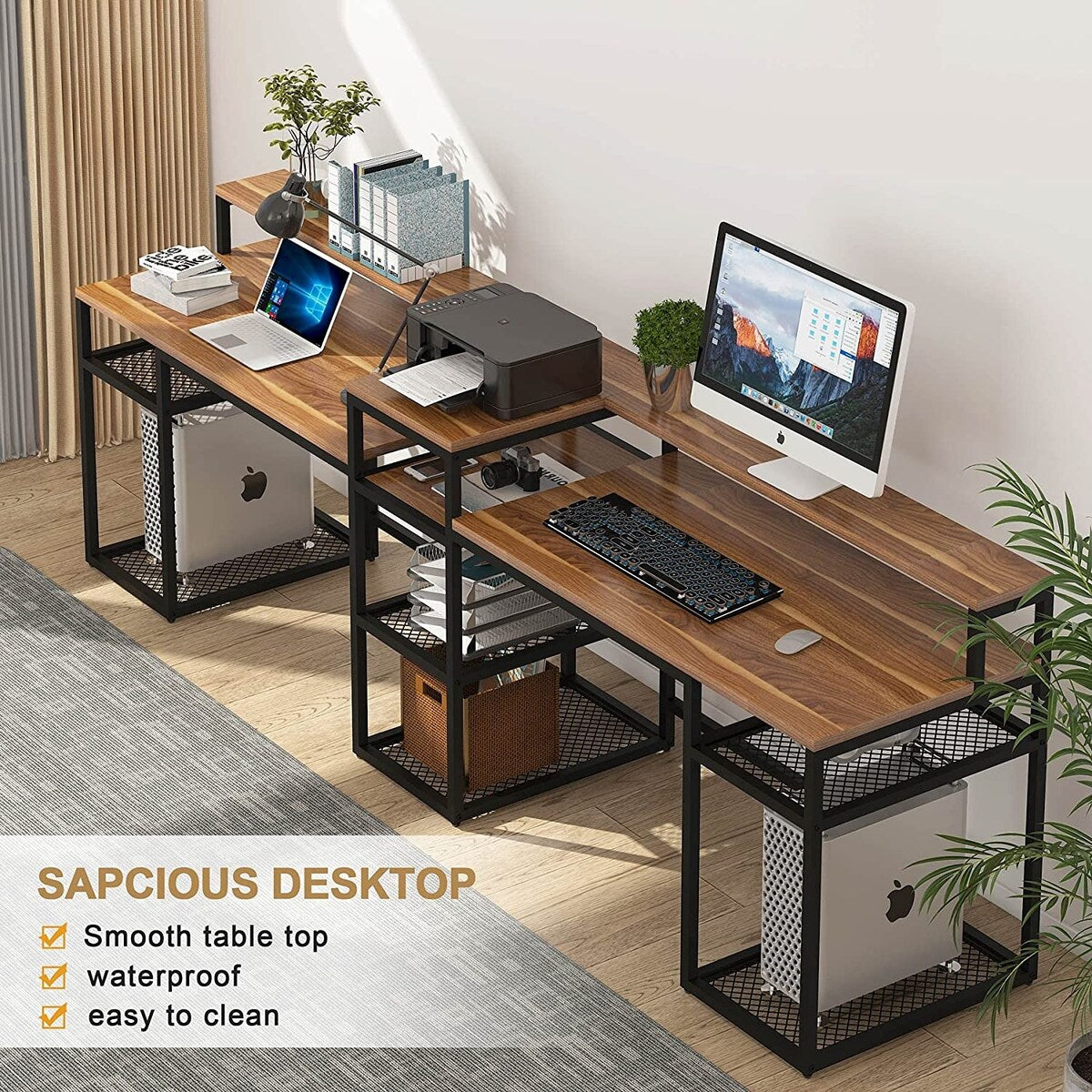 Tribesigns Two Person Desk with Monitor Stand, Long Double Computer Desk with Storage Shelves