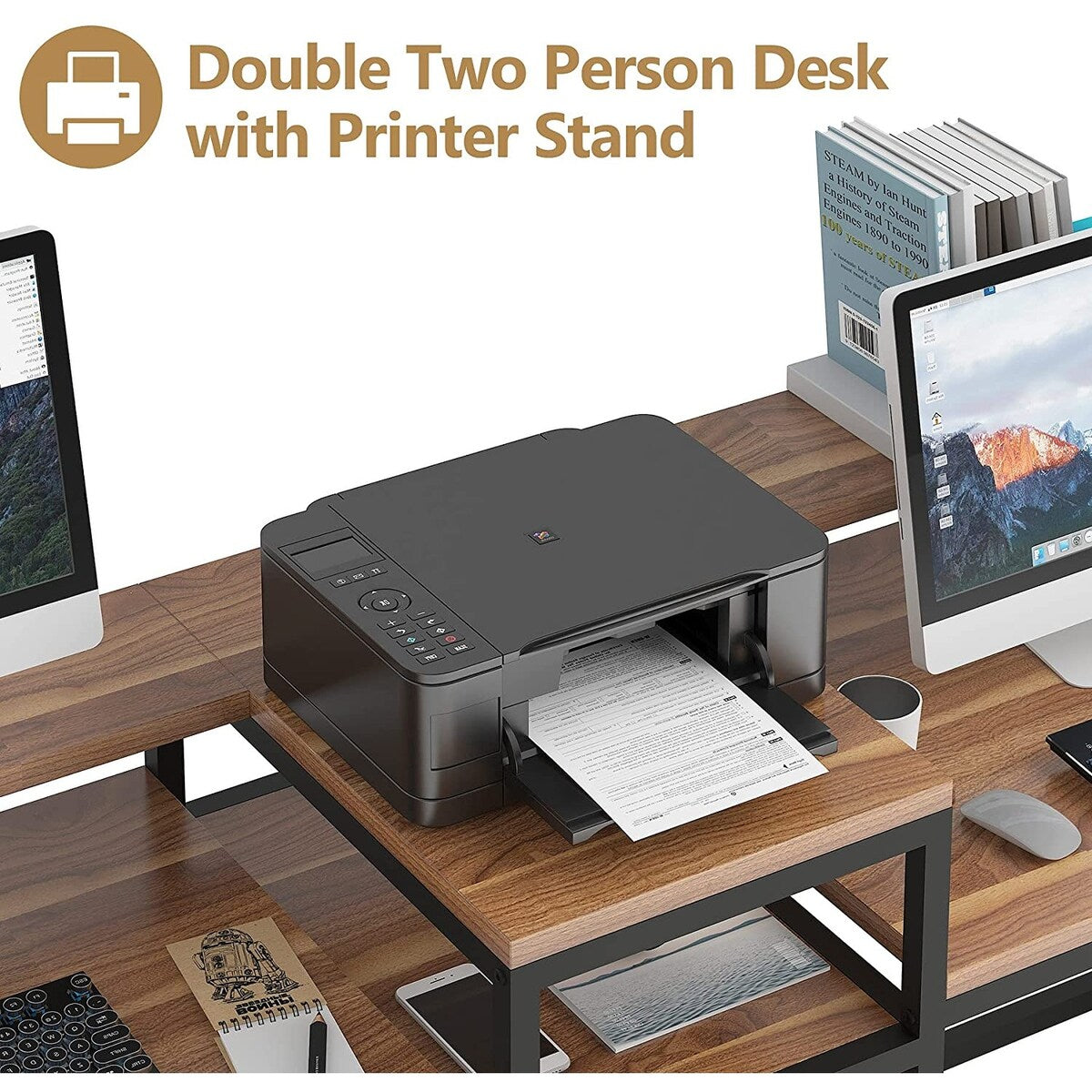 Tribesigns Two Person Desk with Monitor Stand, Long Double Computer Desk with Storage Shelves