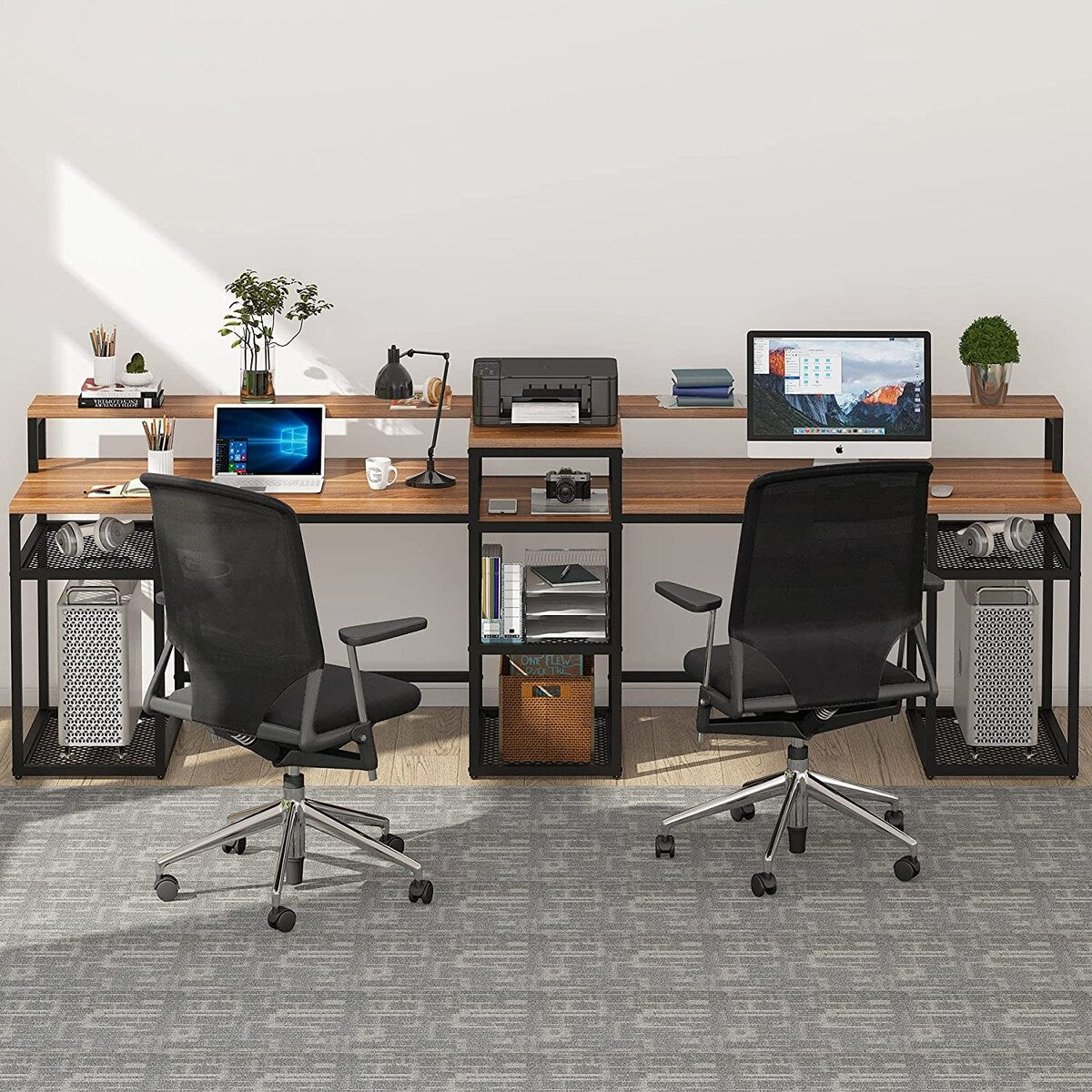 Tribesigns Two Person Desk with Monitor Stand, Long Double Computer Desk with Storage Shelves