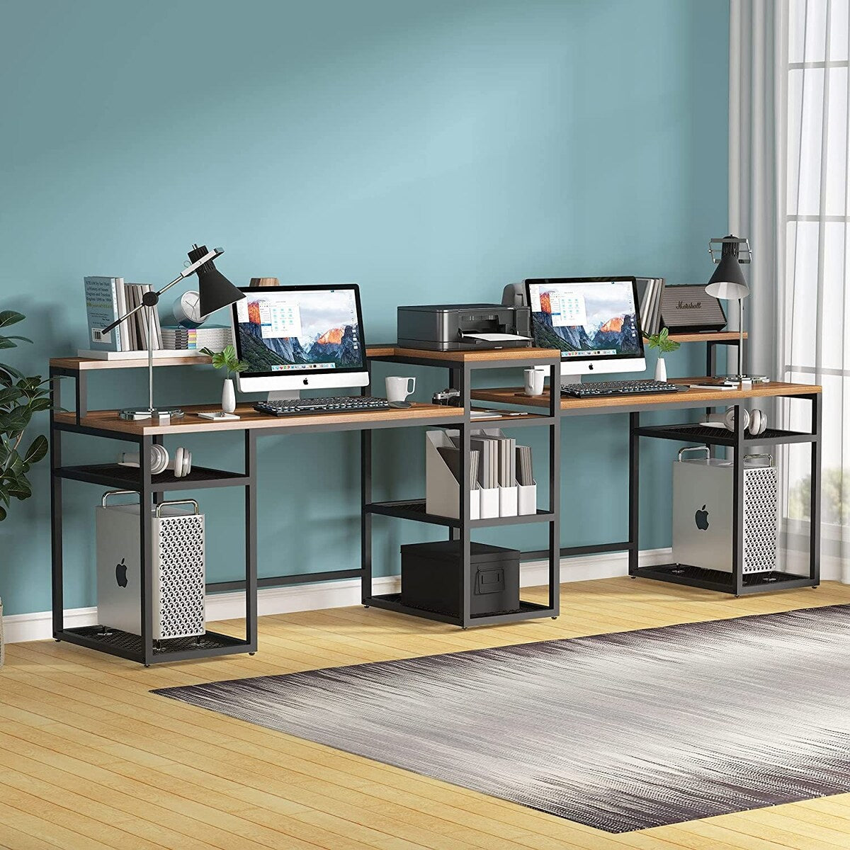 Tribesigns Two Person Desk with Monitor Stand, Long Double Computer Desk with Storage Shelves