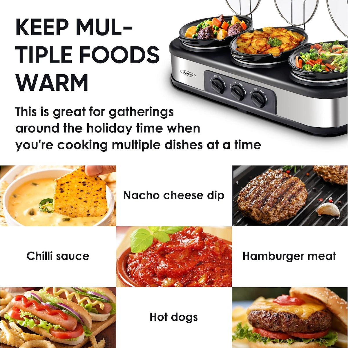 Triple Slow Cooker Buffet Server 3 Pot Food Warmer, 3-Section 1.5-Quart Slow Cooker Adjustable Temp Lid Rests Stainless Steel