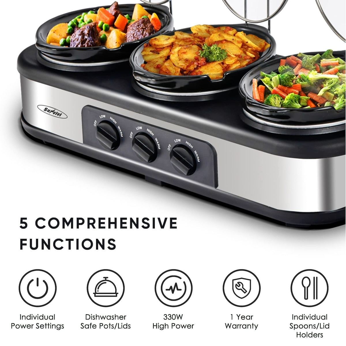 Triple Slow Cooker Buffet Server 3 Pot Food Warmer, 3-Section 1.5-Quart Slow Cooker Adjustable Temp Lid Rests Stainless Steel
