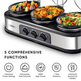 Triple Slow Cooker Buffet Server 3 Pot Food Warmer, 3-Section 1.5-Quart Slow Cooker Adjustable Temp Lid Rests Stainless Steel