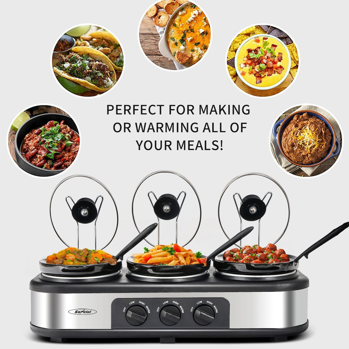 Triple Slow Cooker Buffet Server 3 Pot Food Warmer, 3-Section 1.5-Quart Slow Cooker Adjustable Temp Lid Rests Stainless Steel