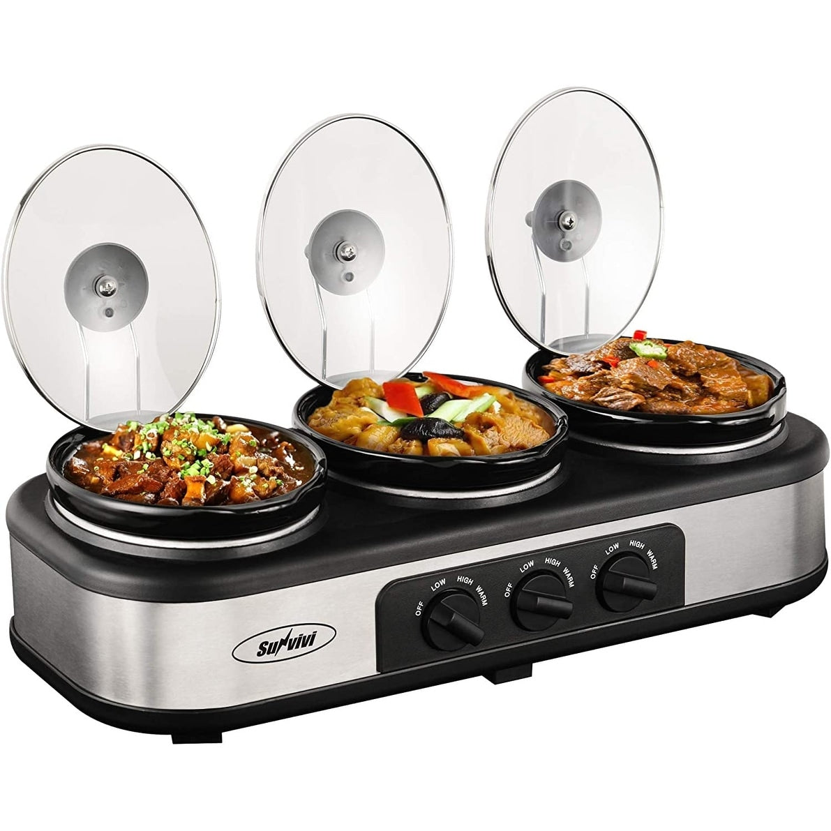 Triple Slow Cooker Buffet Server 3 Pot Food Warmer, 3-Section 1.5-Quart Slow Cooker Adjustable Temp Lid Rests Stainless Steel