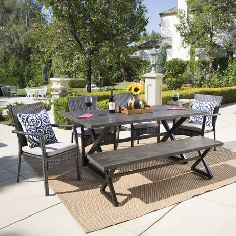 Tritan Outdoor 6-piece Rectangle Aluminum Wicker Dining Set with Cushions by Christopher Knight Home