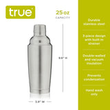 True Double Walled Cocktail Shaker with Strainer - Insulated Stainless Steel Drink Shaker for Camping or Outdoors 25oz Set of 1