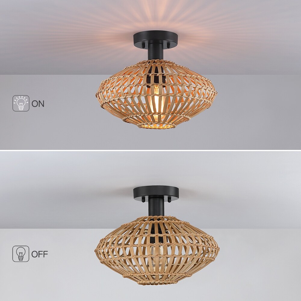 True Fine Eclectic Natural Rattan and Bamboo Semi Flush Mount Ceiling Light with Black Hardware - 13 in. W