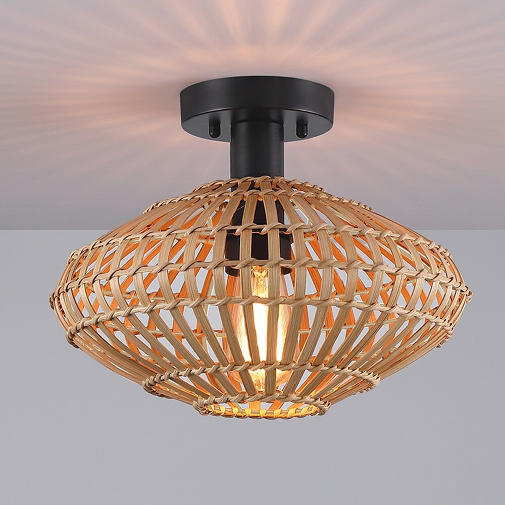 True Fine Eclectic Natural Rattan and Bamboo Semi Flush Mount Ceiling Light with Black Hardware - 13 in. W