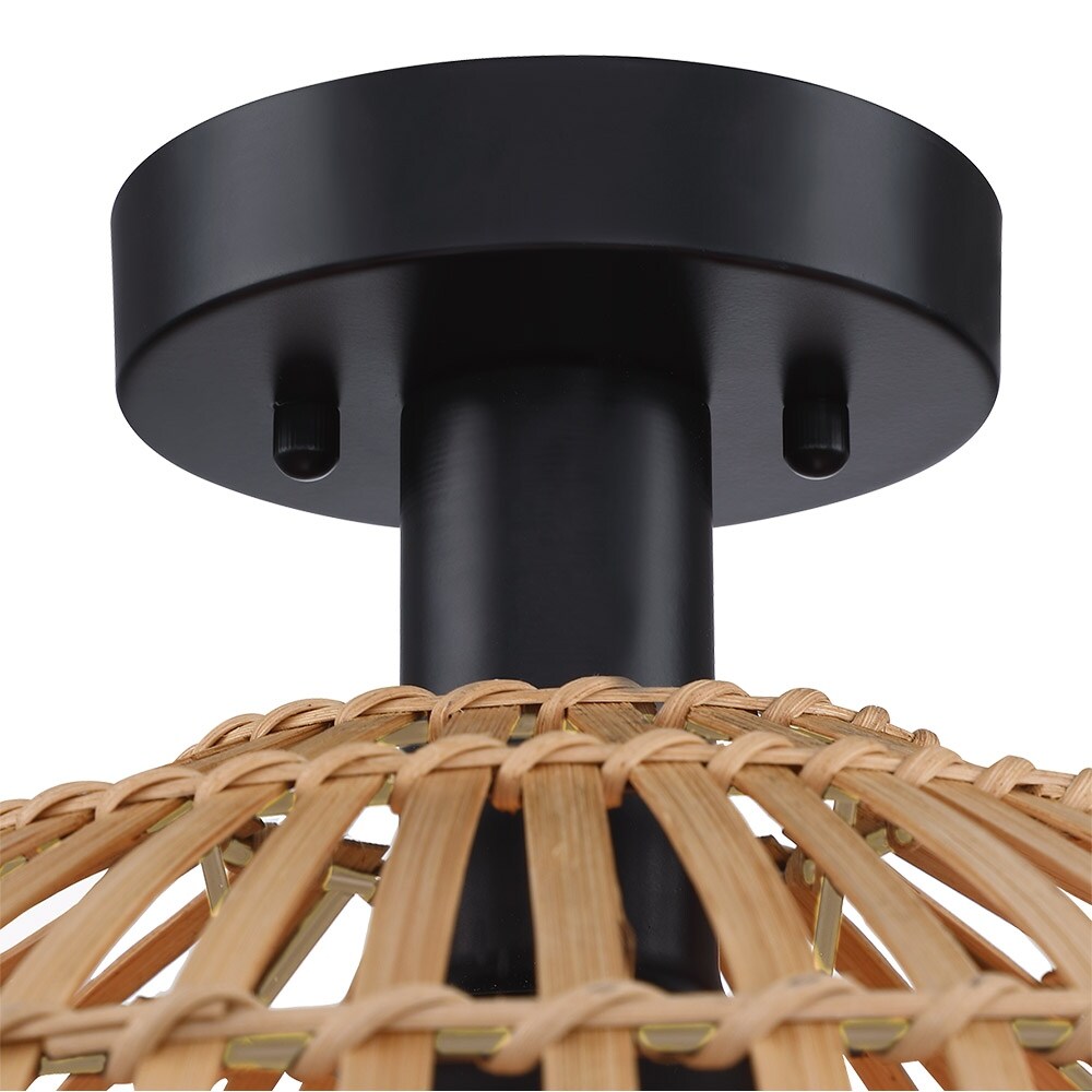 True Fine Eclectic Natural Rattan and Bamboo Semi Flush Mount Ceiling Light with Black Hardware - 13 in. W