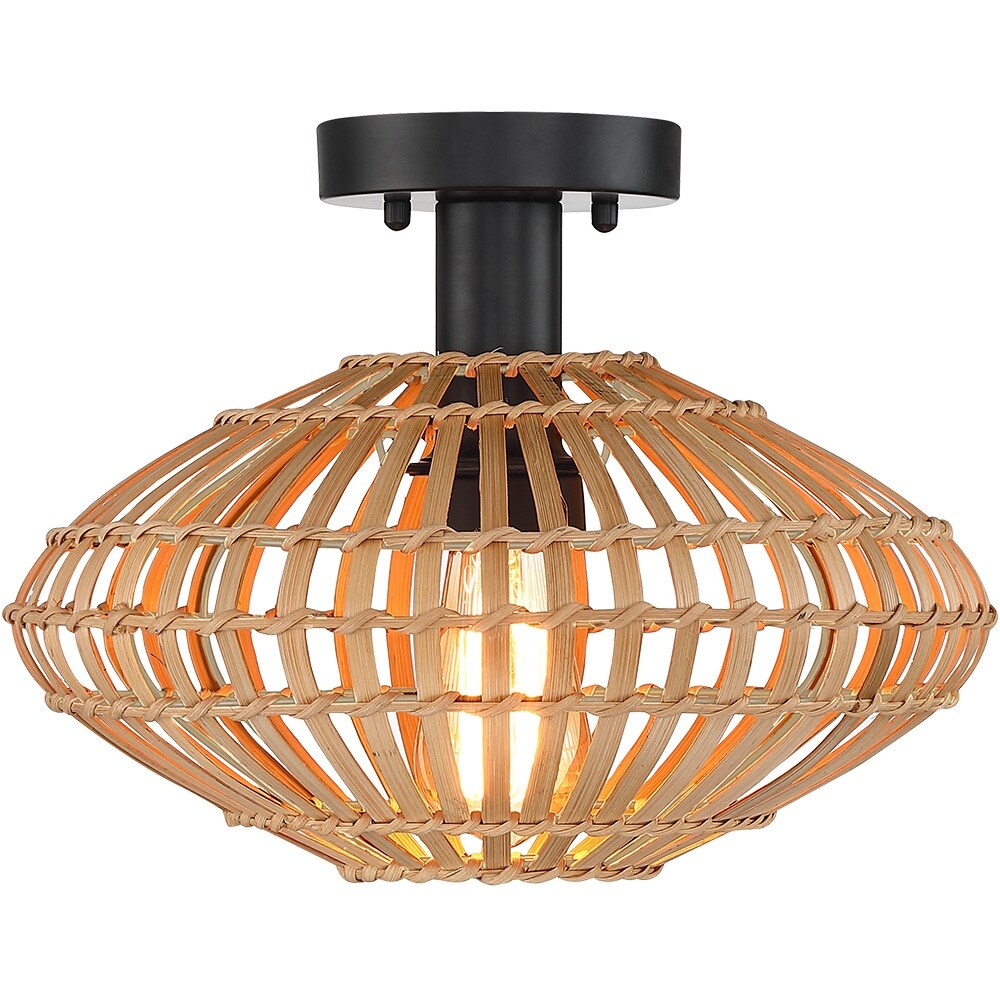 True Fine Eclectic Natural Rattan and Bamboo Semi Flush Mount Ceiling Light with Black Hardware - 13 in. W