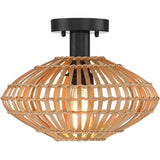 True Fine Eclectic Natural Rattan and Bamboo Semi Flush Mount Ceiling Light with Black Hardware - 13 in. W