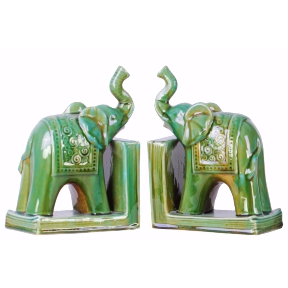 Trumpeting Standing Elephant Bookend Set - Green