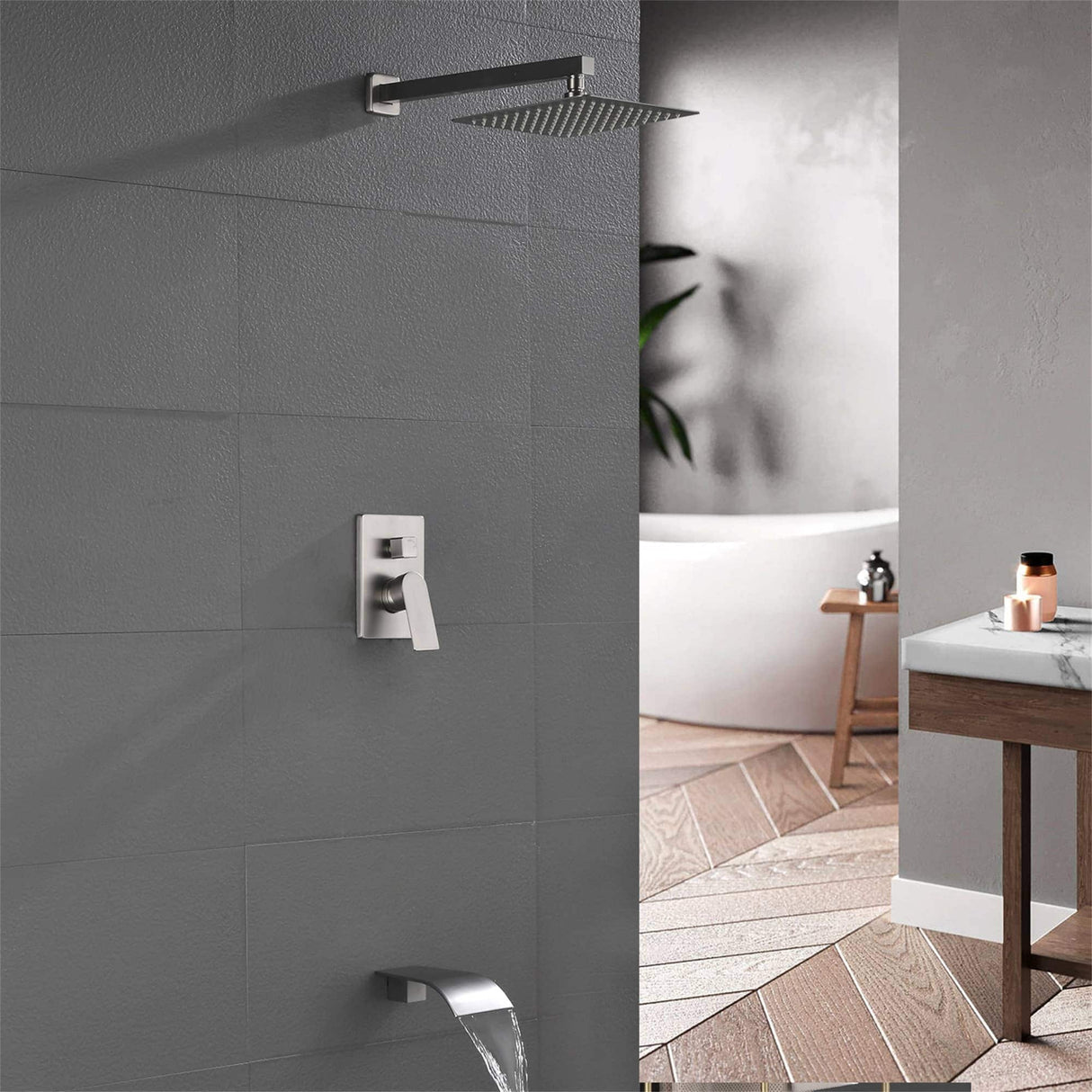 Tub Shower Faucet With Rough-in Valve Wall Mounted Shower System With Tub Spout Modern 10 Inch Rainfall Shower Head Kit Trim Set