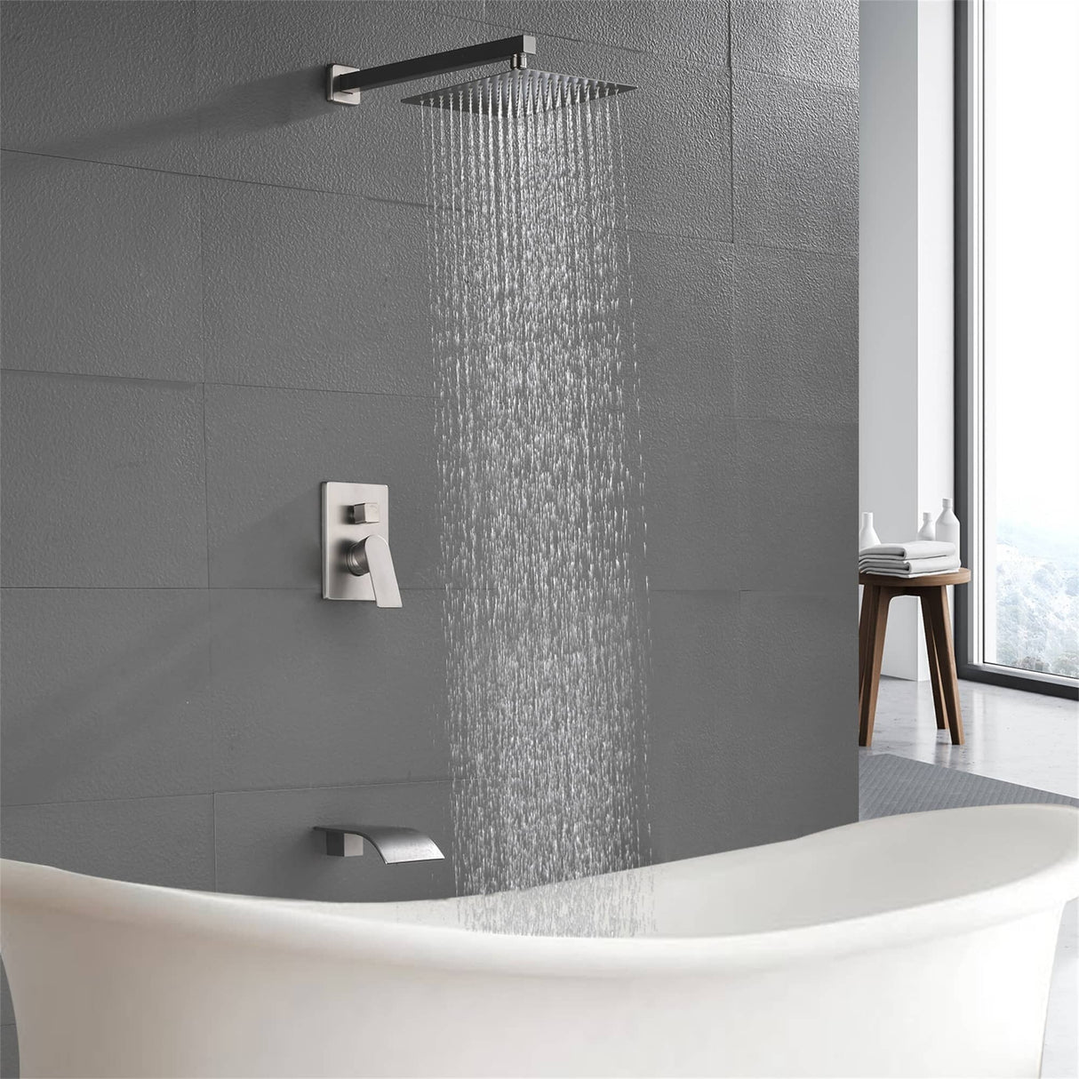 Tub Shower Faucet With Rough-in Valve Wall Mounted Shower System With Tub Spout Modern 10 Inch Rainfall Shower Head Kit Trim Set