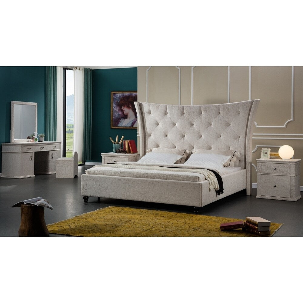 Tufted Beige Upholstered Oversized Headboard Platform Bed