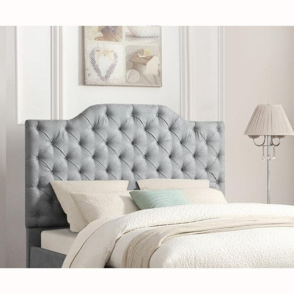 Tufted Blue Damask Leaf Pattern Upholstered King Headboard