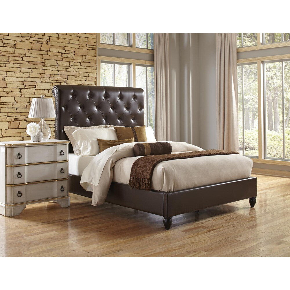 Tufted Dark Brown Faux Leather Queen Size Upholstered Sleigh Bed