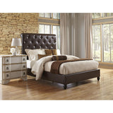 Tufted Dark Brown Faux Leather Queen Size Upholstered Sleigh Bed