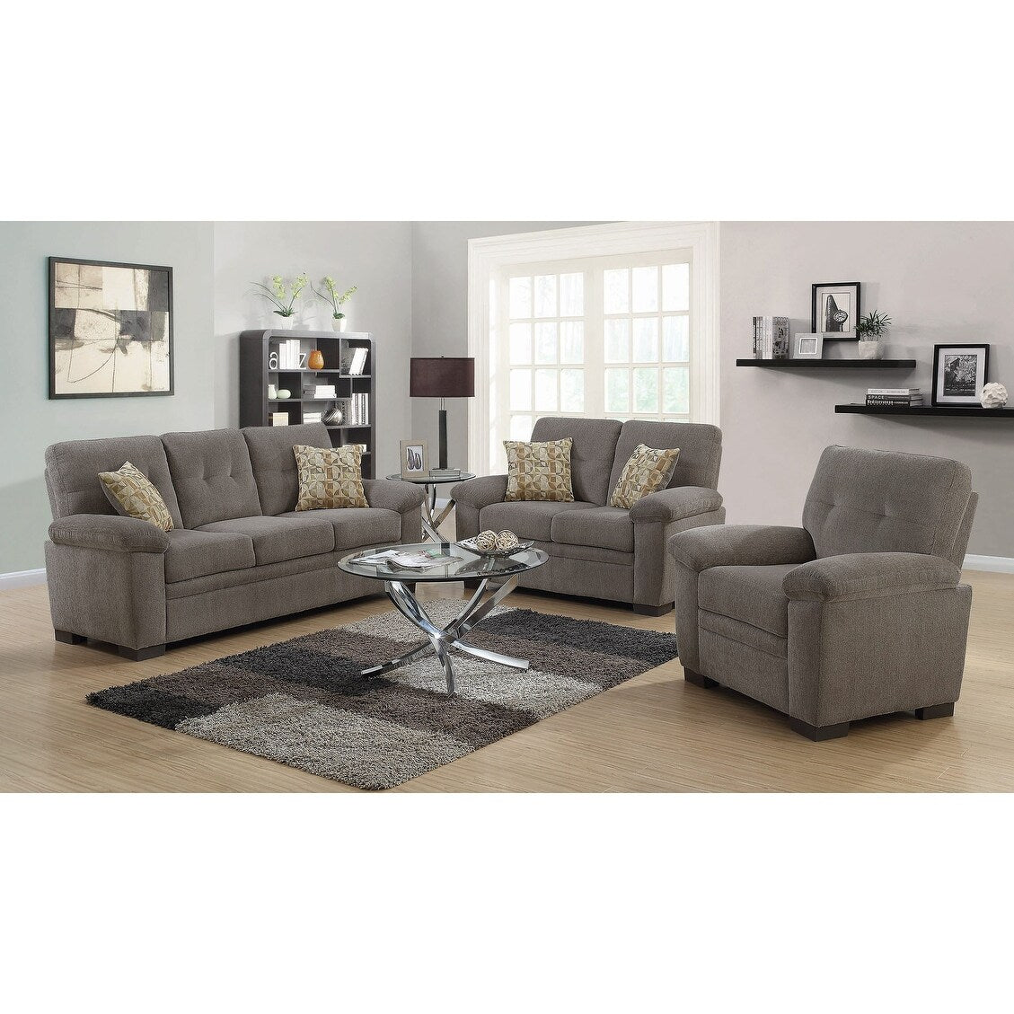 Tufted Fabric Loveseat with Padded Arms, Oatmeal