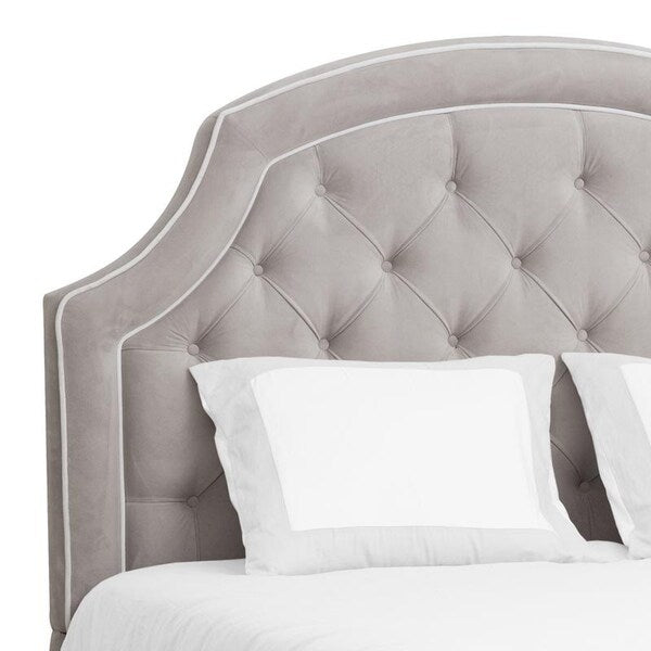Tufted Grey Velvet Upholstered Queen Bed With Welt Trim