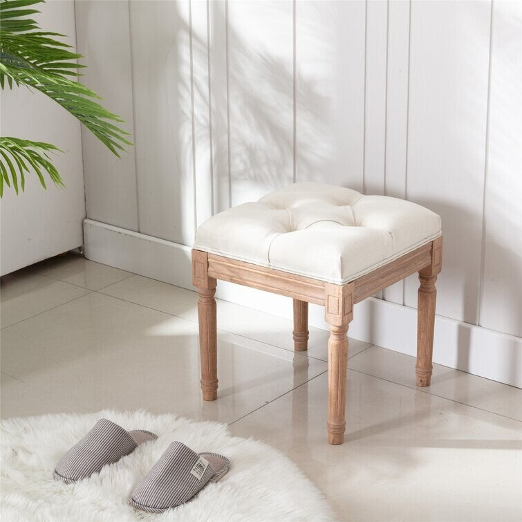Tufted Upholstered Ottoman Bench, Padded Square Ottoman Benchand Rubber Wood Legs, Small Vanity Stool for Bedroom Living Room