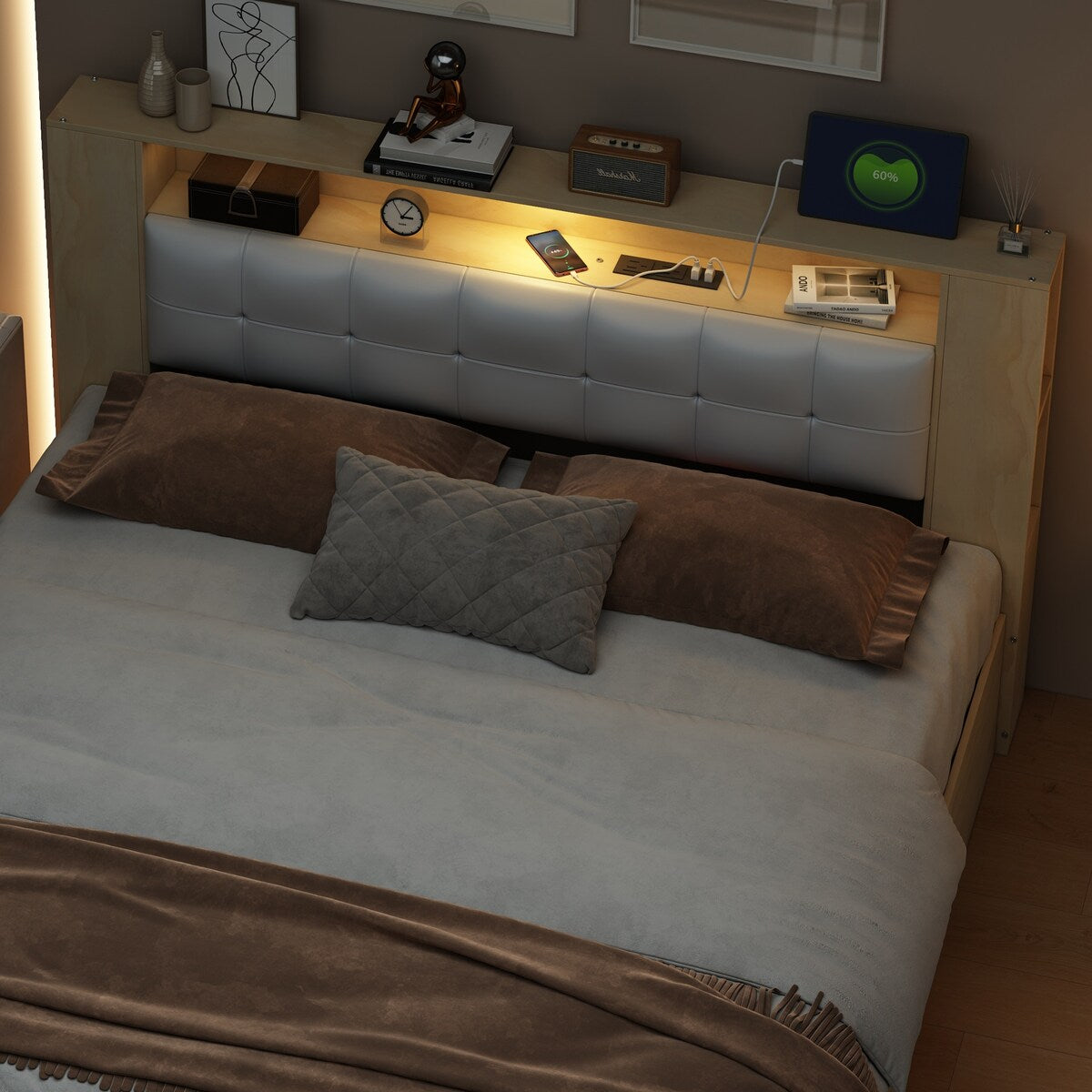 Tufted Upholstered Platform Bed with Storage Headboard and Hydraulic Storage System