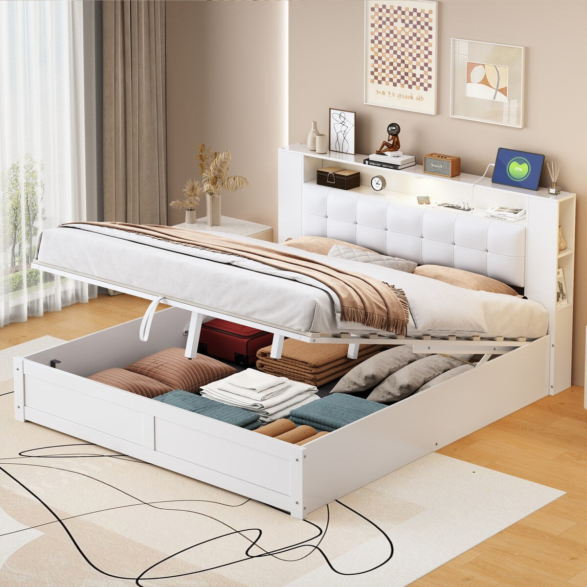 Tufted Upholstered Platform Bed with Storage Headboard and Hydraulic Storage System