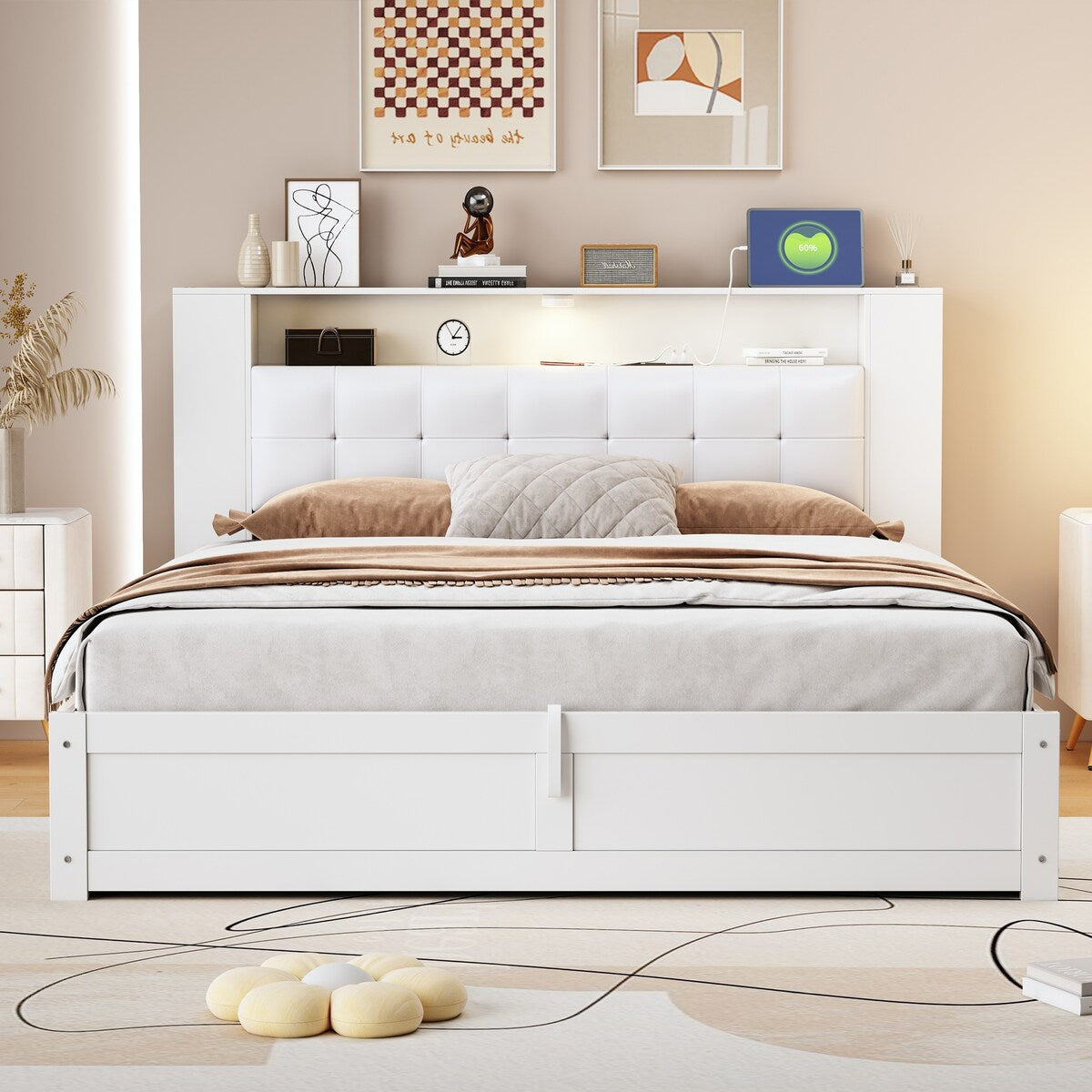 Tufted Upholstered Platform Bed with Storage Headboard and Hydraulic Storage System