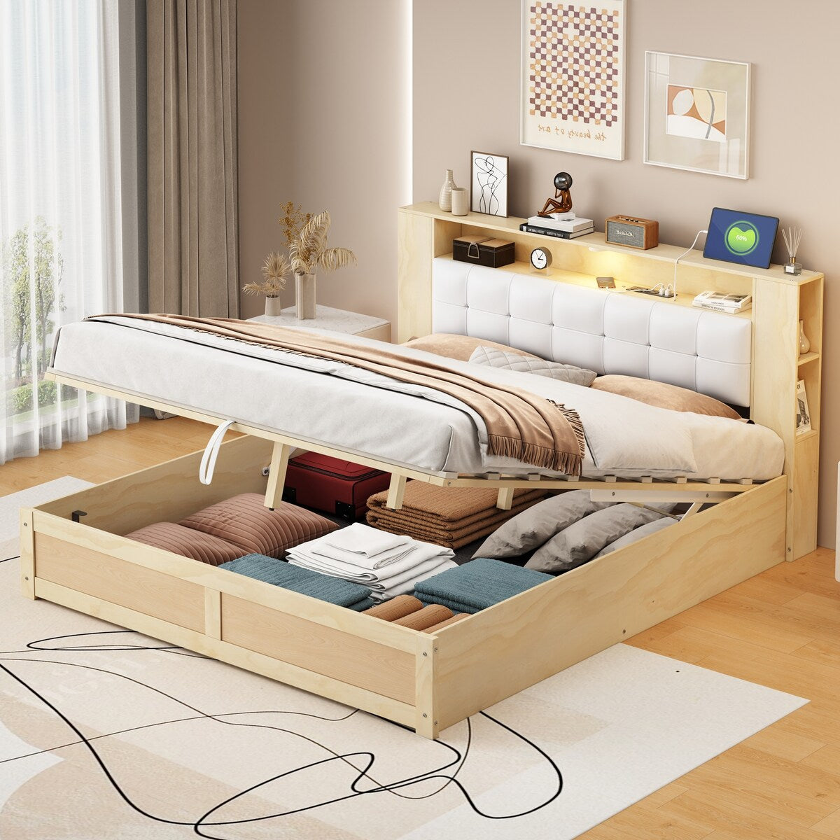 Tufted Upholstered Platform Bed with Storage Headboard and Hydraulic Storage System