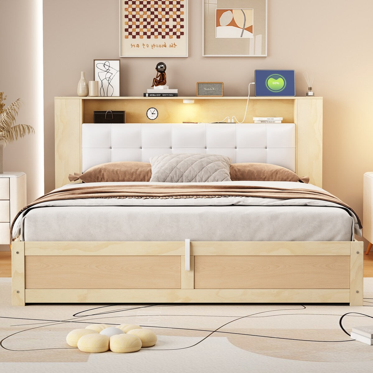 Tufted Upholstered Platform Bed with Storage Headboard and Hydraulic Storage System