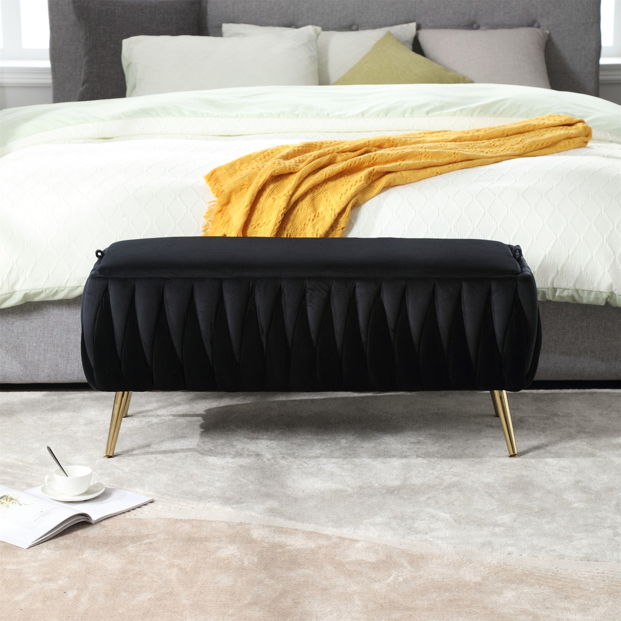 Tufted Velvet Storage Ottoman Bench with Safety Hinge