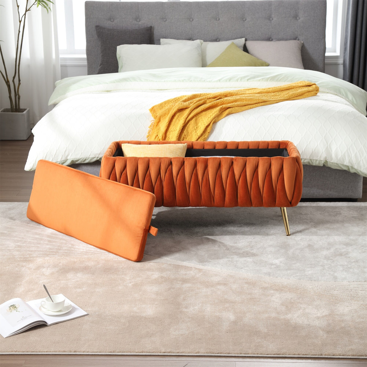 Tufted Velvet Storage Ottoman Bench with Safety Hinge