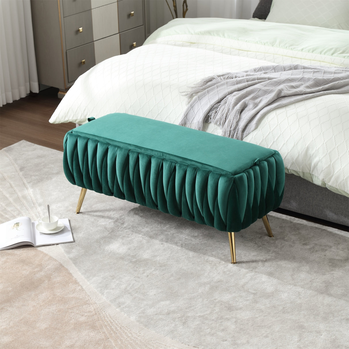 Tufted Velvet Storage Ottoman Bench with Safety Hinge