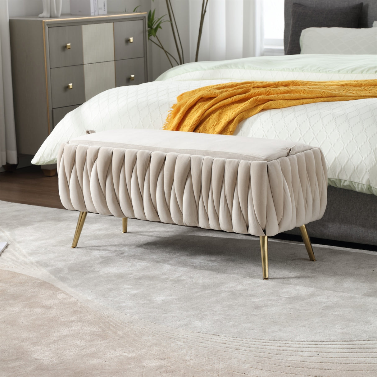 Tufted Velvet Storage Ottoman Bench with Safety Hinge