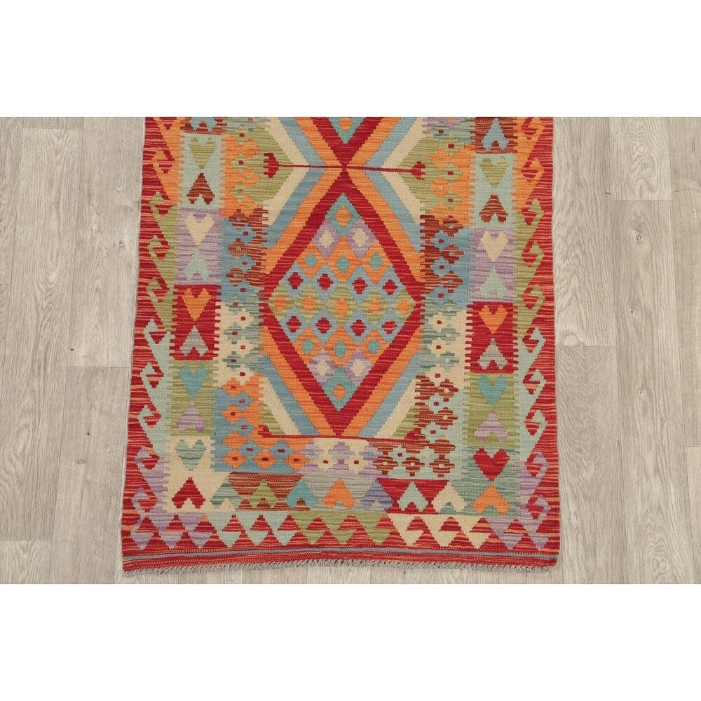 Turkish Kilim Hand-Woven Diamond Oriental Modern Wool Runner Rug - 6'7" x 3'4" Runner